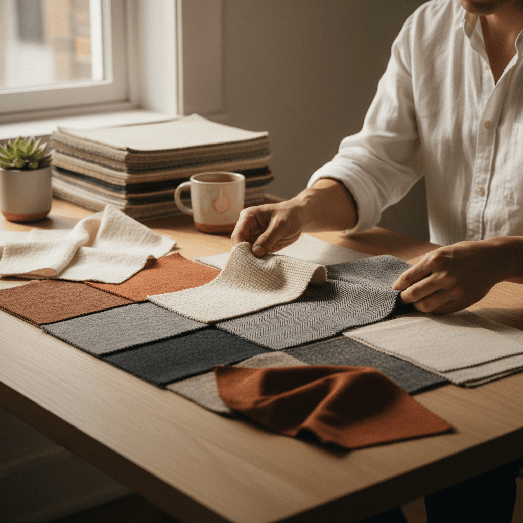 Designer's hands selecting custom fabric swatches for upholstery personalization