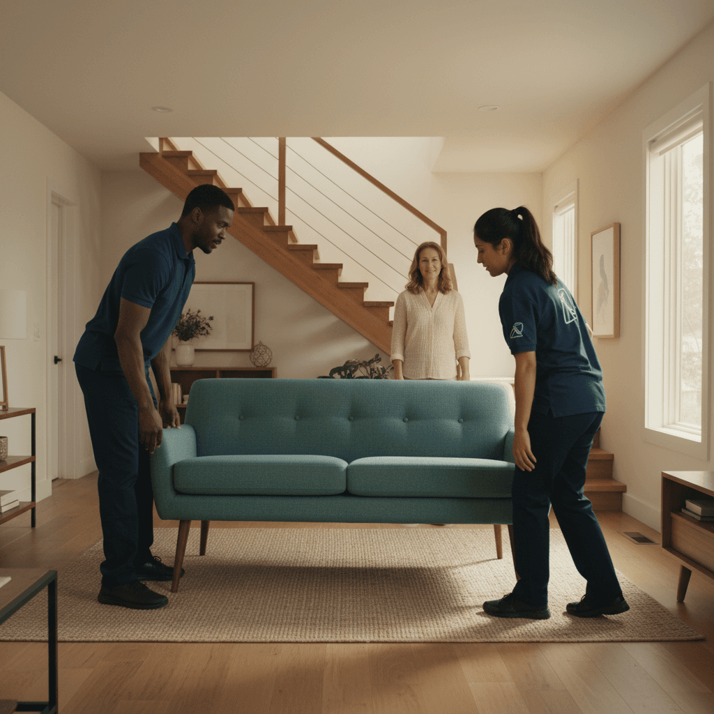 Professional movers carefully placing custom furniture in client's home