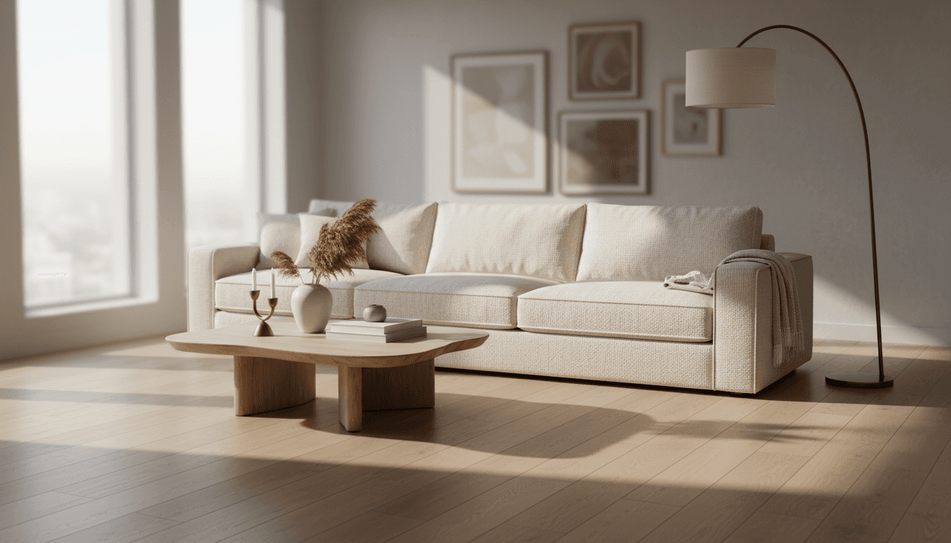 Sophisticated living room with high-quality upholstered sofa and curated furnishings bathed in natural light