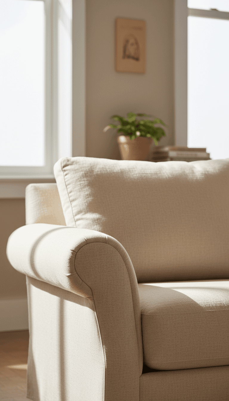 Cream upholstered sofa with rolled arms