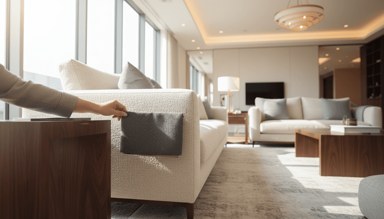 Interior designer consulting with client over fabric swatches in a modern living room setting