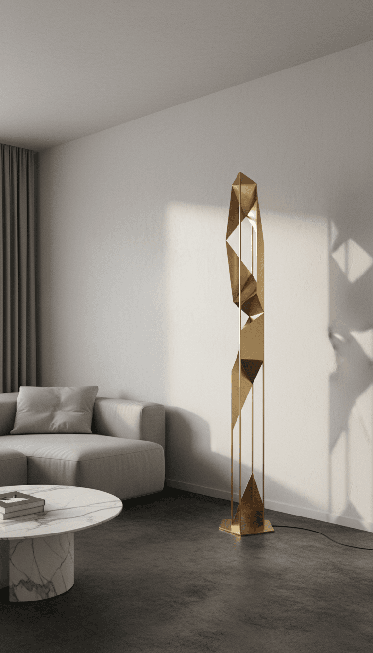 Modern brass floor lamp with geometric frame
