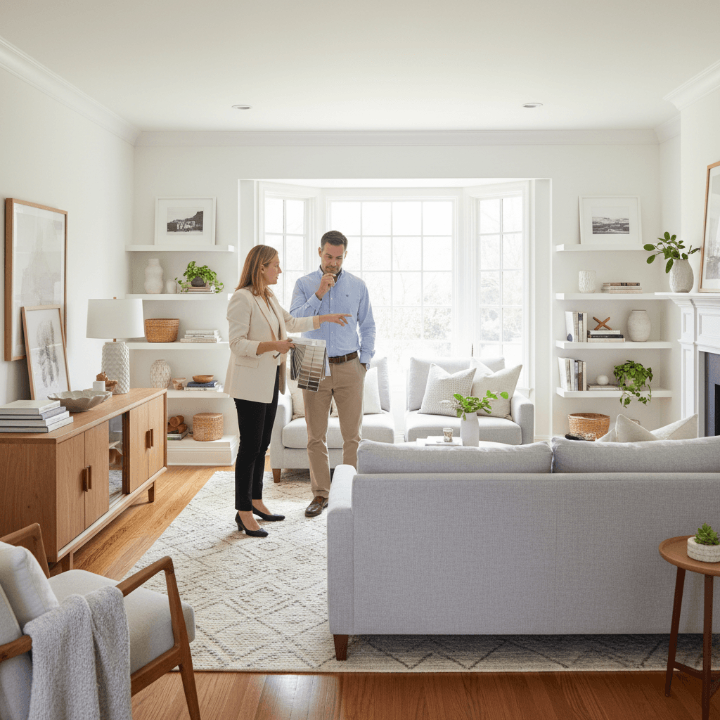 Designer and homeowner discussing sofa options during in-home consultation