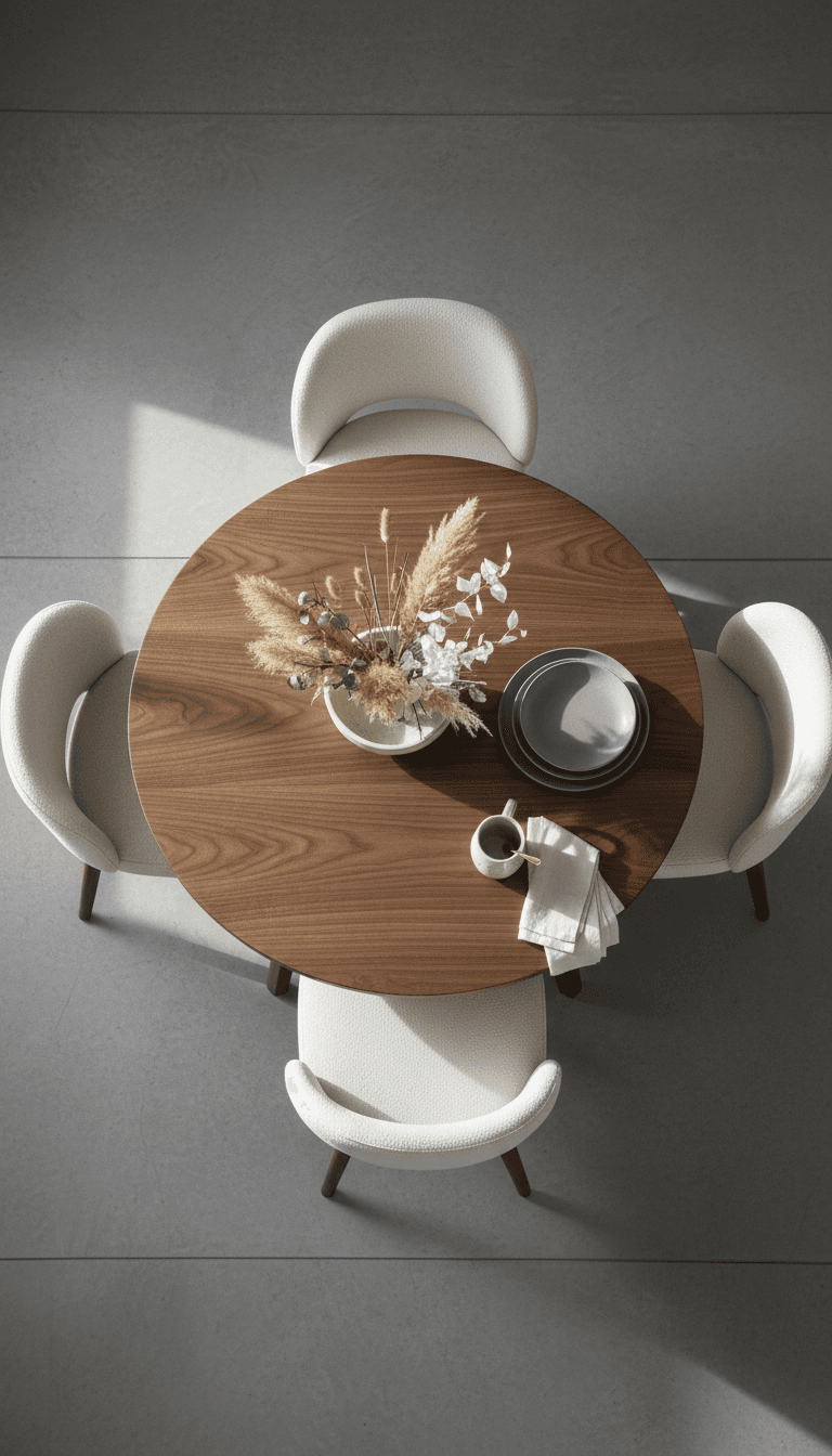 Walnut dining table with upholstered chairs