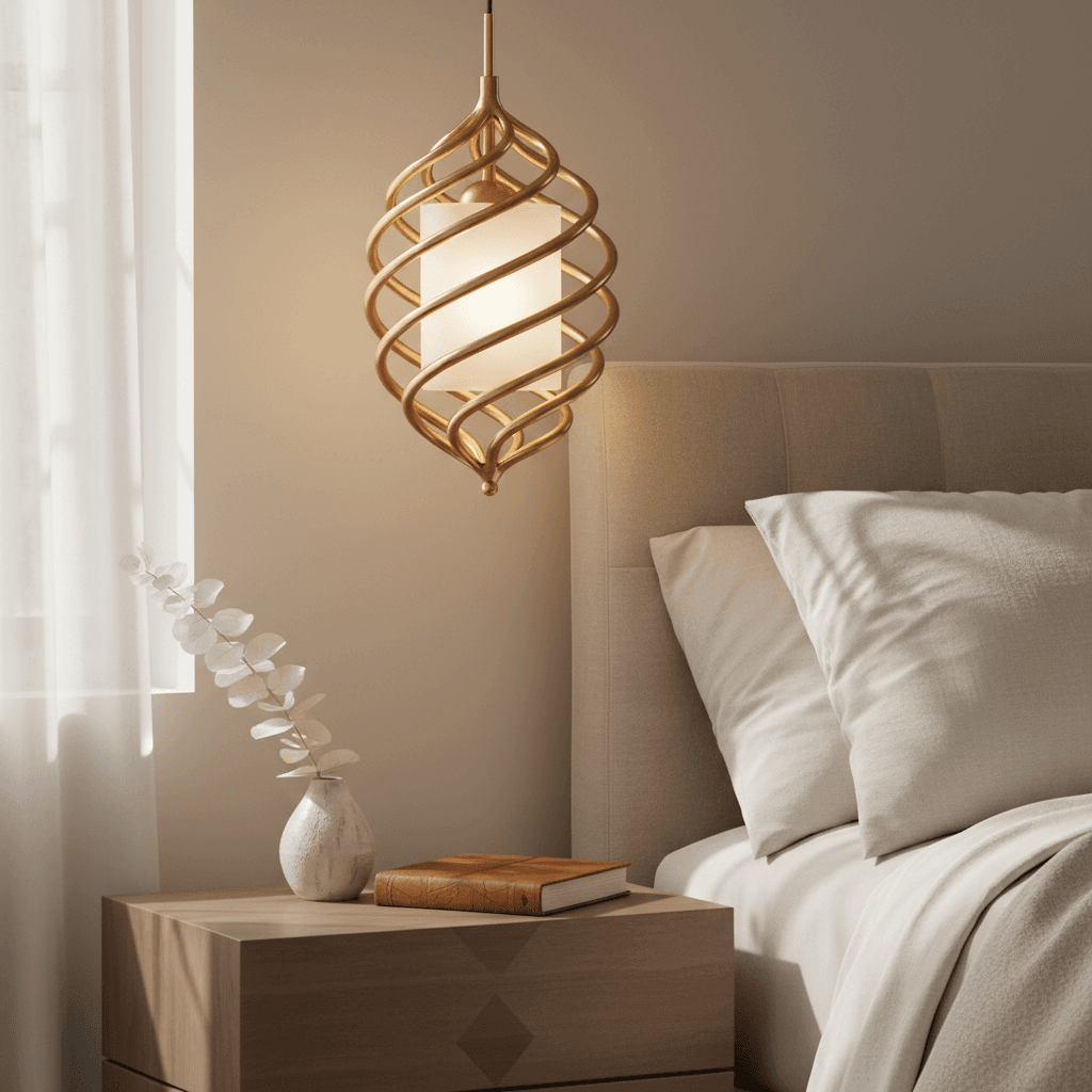 Designer pendant light fixture in brushed brass and frosted glass