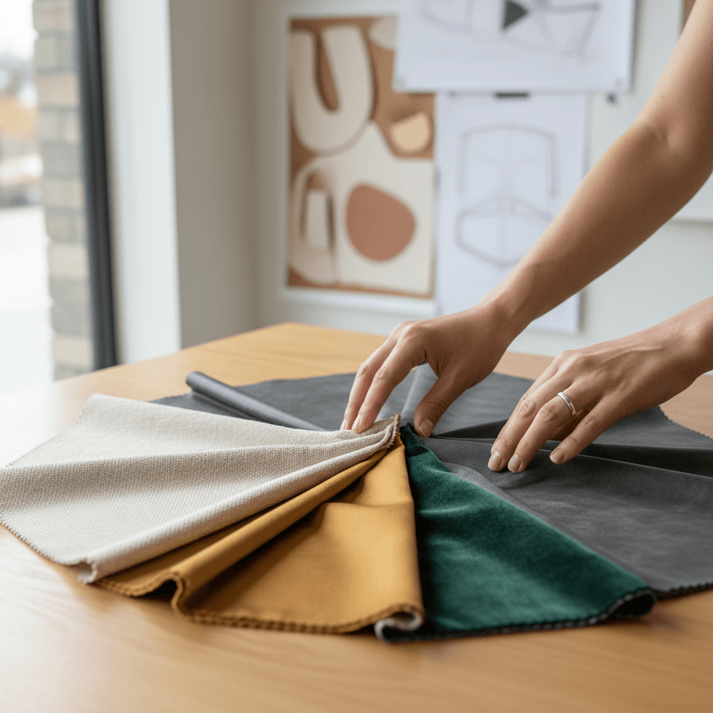 Designer's hands selecting custom fabric and frame samples