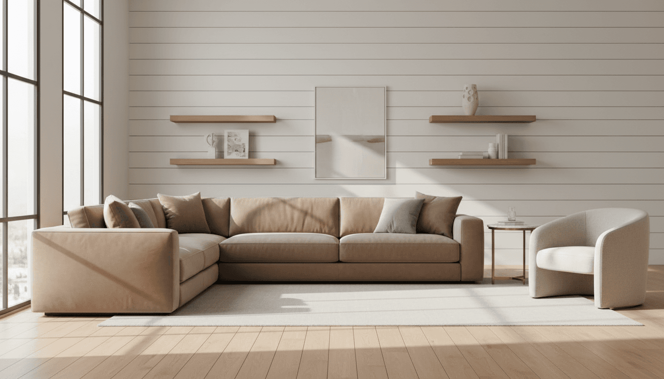 Curated furniture showroom with upholstered pieces and lighting