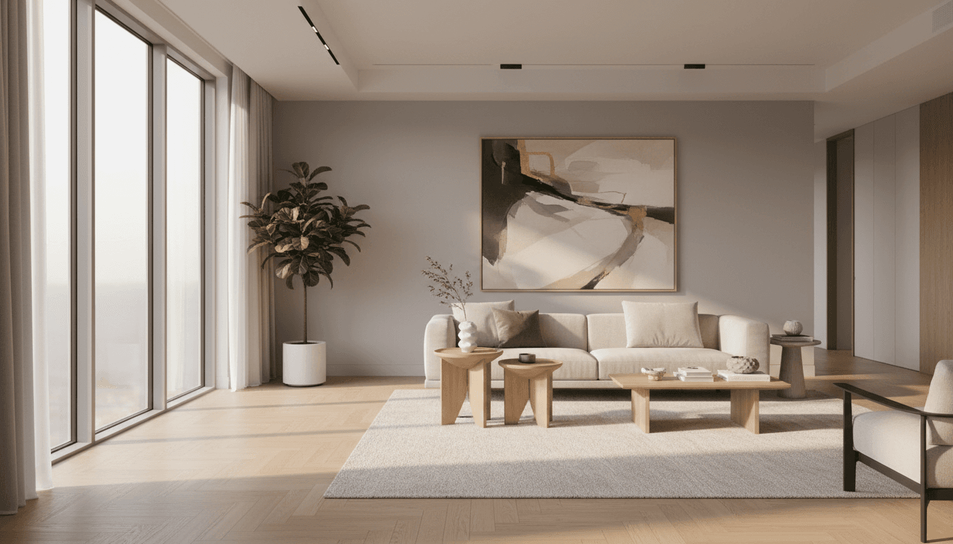 Transitional living room with custom armchair and designer lighting
