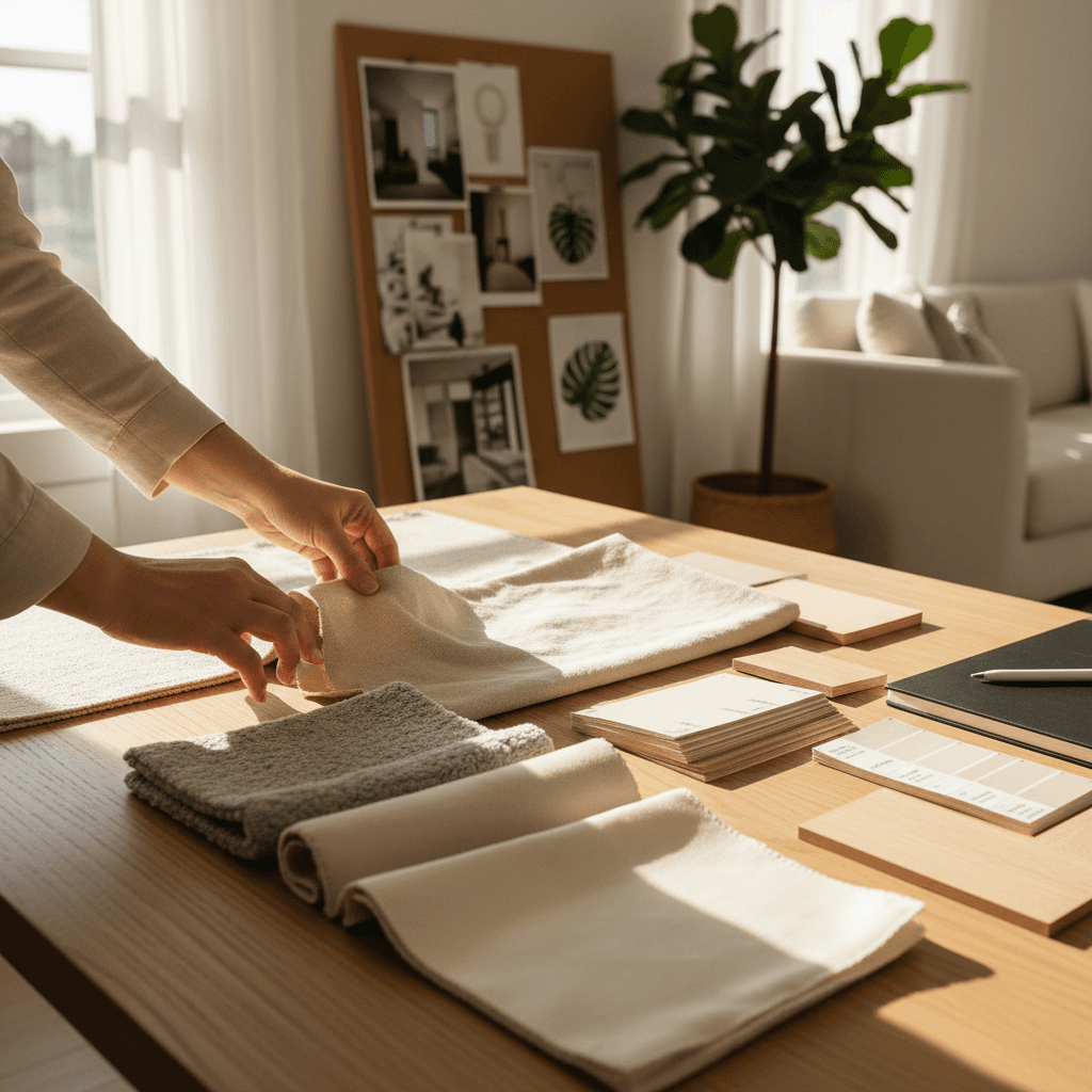 Interior designer consulting with client over fabric and design samples in a bright, welcoming studio space