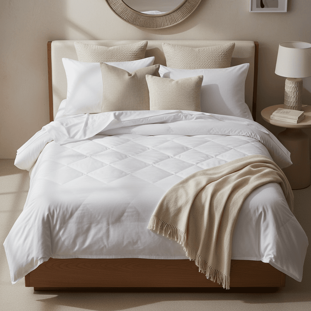 Modern bedroom interior with custom velvet upholstered bed
