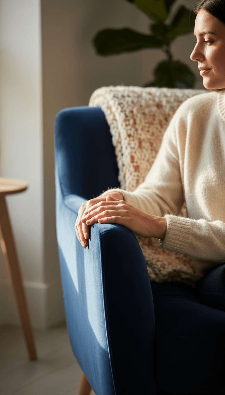 Upholstered armchair in natural linen by a window with soft morning light