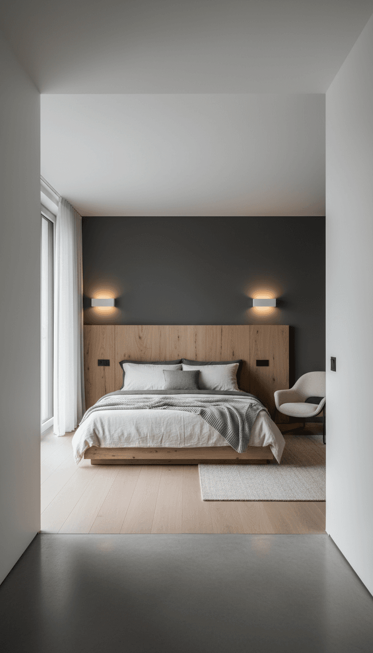 Luxury apartment bedroom with Luminari custom upholstered bed and exclusive lighting