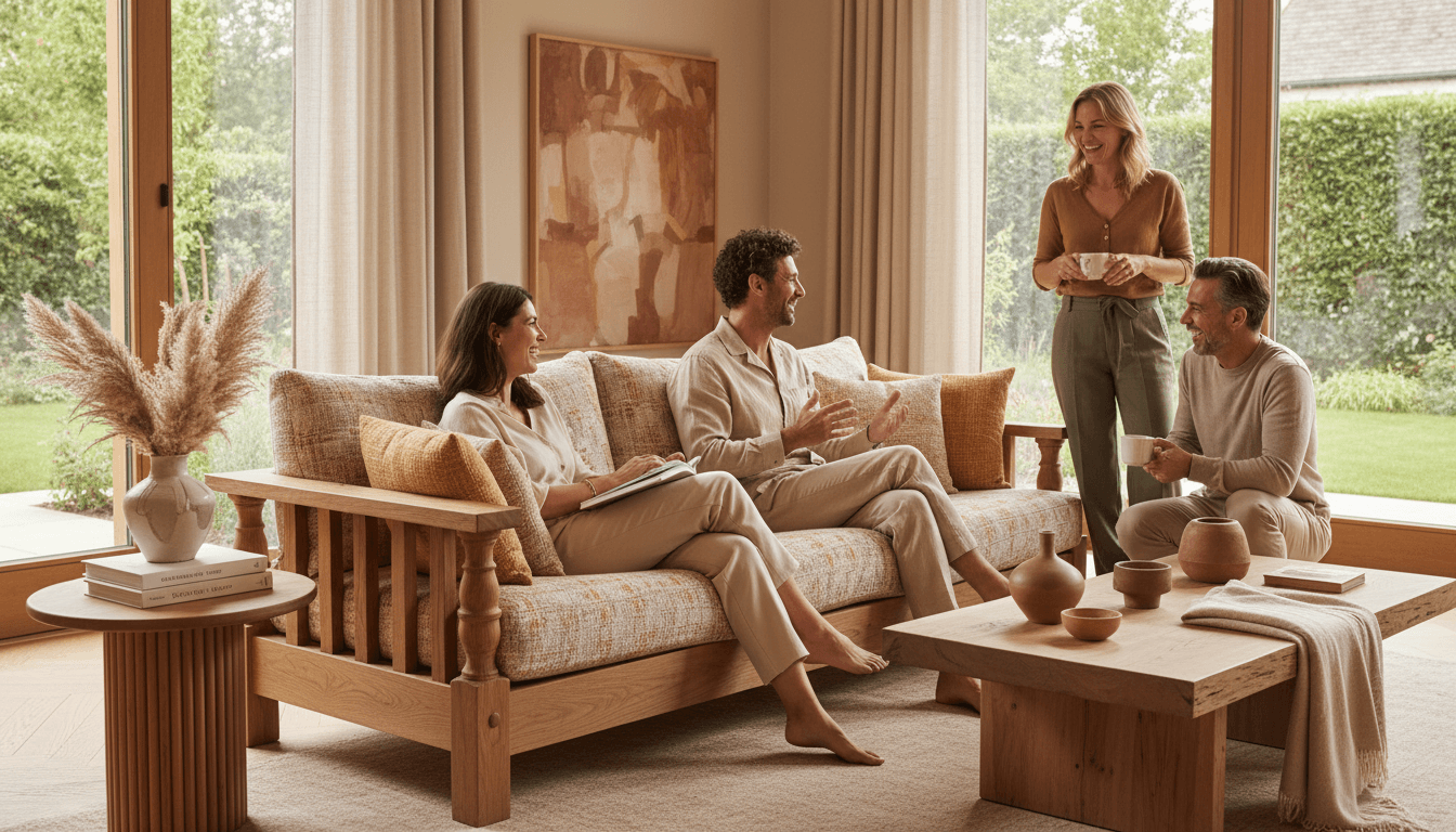 Designer showing custom fabric swatches for upholstered sofa in modern living room