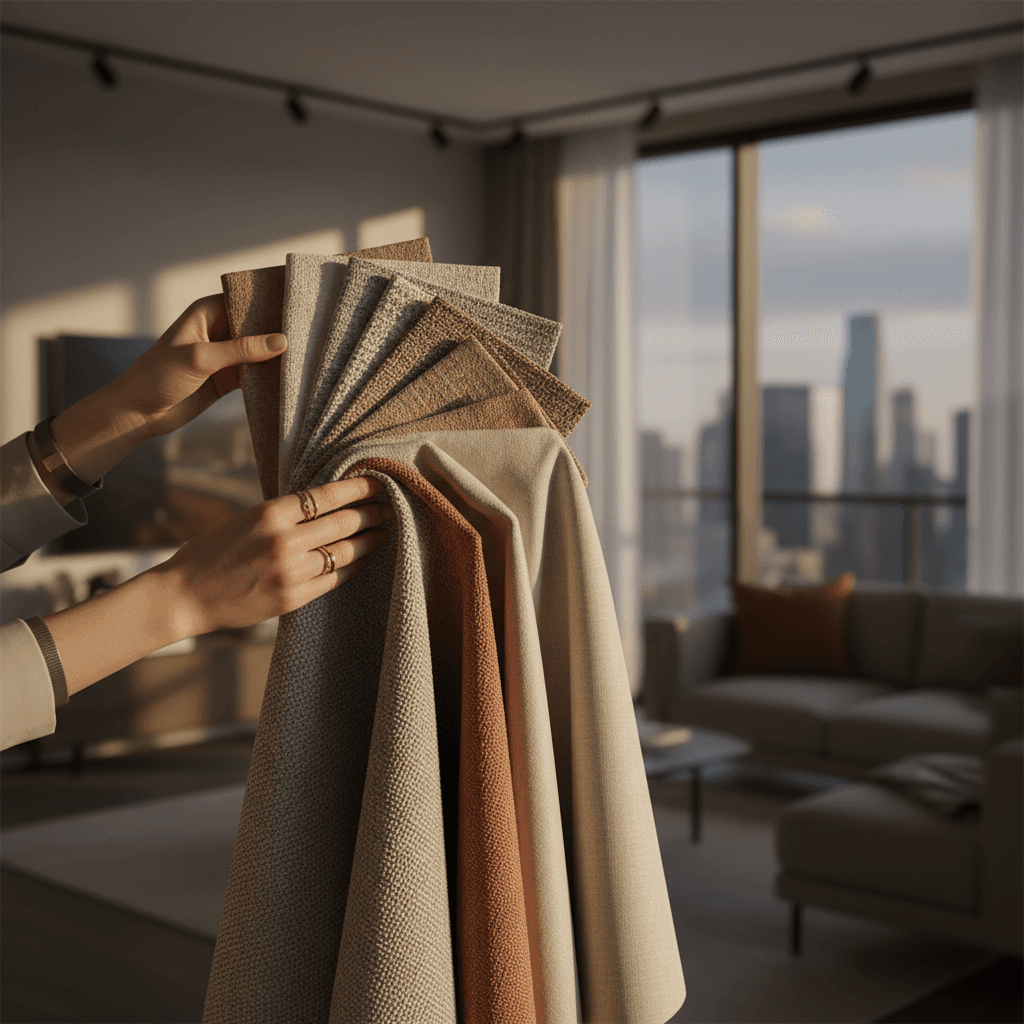 Design consultant and client reviewing fabric swatches in a bedroom