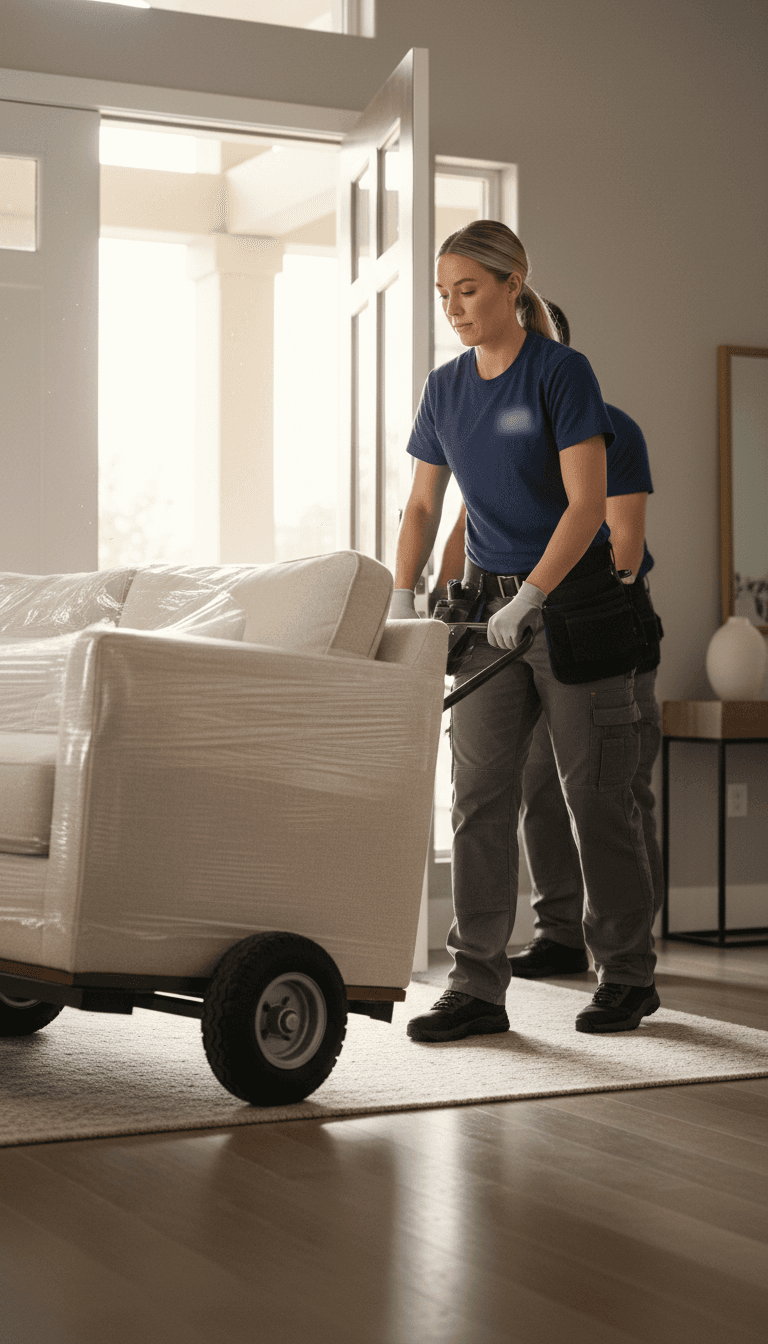 White-glove delivery team carefully placing furniture in a client's home